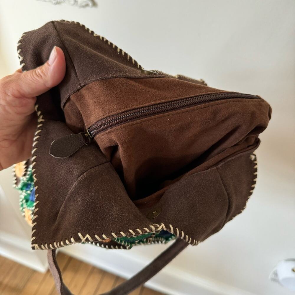 Vintage Boho Suede Crochet Granny Square Bag Blue Brown Green - Picture 9 of 9